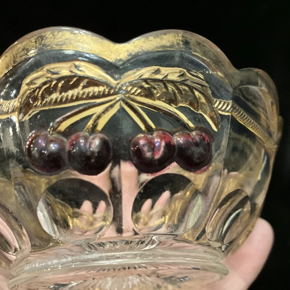 Vintage Mosser Northwood Glass Cherry & Cable Thumbprint 24K Gold Candy Dish